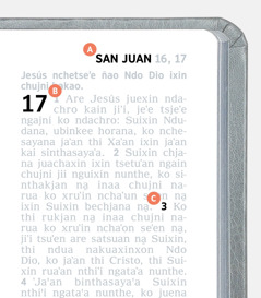 Etiqueta tjago thi dikiaʼo A, B ko C ngai naa página de Biblia.