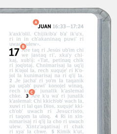 Etiquetas che kuya ubʼixik ri kraj kubʼij A, B y C pa ri Biblia.