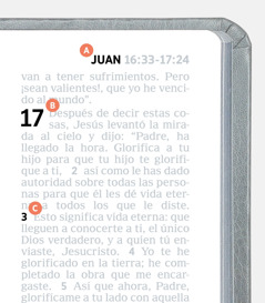 Etiquetas que corresponden a las características A, B y C en una página de la Biblia.