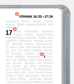 Alama zinazoonyesha sehemu ya A, B, na C kwenye ukurasa wa Biblia.
