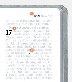 Liẑendas ku na mostra pontus A, B, ku C na un paẑina di Biblia.