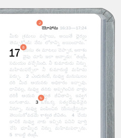 బైబిలు పేజీలో ఉన్న ఎ, బి, సి ఫీచర్లను చూపిస్తున్న చిత్రం.