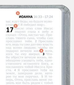 Буквы «А», «Б» и «В» указывают, как найти нужный стих в Библии.