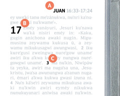 Etiquetas que corresponden a las características 1, 2 y 3 en una página de la Biblia.