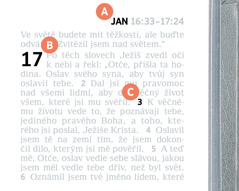 Prvky označené písmeny A, B a C na stránce z Bible