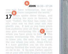 Pastilles marquées A, B et C, placées sur une page de la Bible.