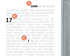 Juntzanh etiqueta A, B yetʼ C schʼoxanel jun spaginaʼil chʼanh Biblia.