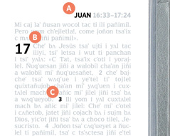 Etiqueta A, B yicʼot C ti jiñi jumpʼejl página chaʼan jiñi Biblia.