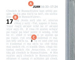 Etiquetas ri nkikʼüt ri peraj A, B y C chpan jun ruxaq le Biblia.