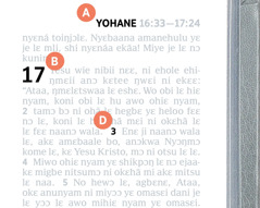 Okadii ni miitsɔɔ Biblia baafa ko mli nibii ni ji A, B, kɛ D.