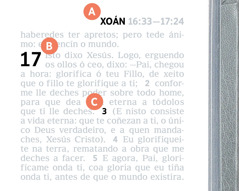 Etiquetas indicando as características A, B e C nunha páxina da Biblia.