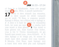 Labels indicating features A, B, and C on a page in the Bible.