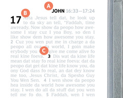 Wat get in A, B, an C on one page in da Bible.