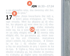 Ebe e dere A, B, na CH nke na-egosi ihe dị n’otu peeji na Baịbụl.