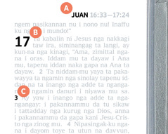 Letra A, B, anna C nga mangipasingan ta parte ira na Biblia ta tadday nga pahina.