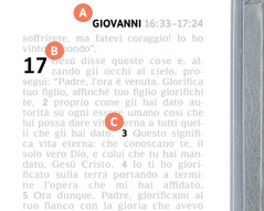 Le lettere A, B e C su una pagina della Bibbia indicano le varie parti di un riferimento a un passo biblico.