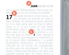 Etiquetas que corresponden a las características A, B y C en una página de la Biblia.