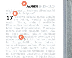 Amatshwayo atjengisa okuvela ku-A, B, no-C ekhasini leBhayibheli.