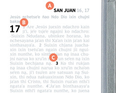 Etiqueta tjago thi dikiaʼo A, B ko C ngai naa página de Biblia.