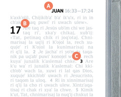 Etiquetas che kuya ubʼixik ri kraj kubʼij A, B y C pa ri Biblia.