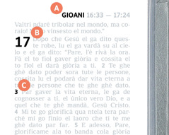 Le letere A, B e C le mostra cada parte nte una pàgina dela Bìblia.