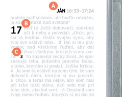 Označenia prvkov A, B a C na jednej strane v Biblii