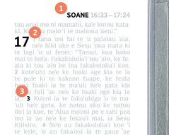 Te ʼu mataʼi numelo 1 mo 2, pea mo 3 ʼi he pasina ʼo te Tohi-Tapu.