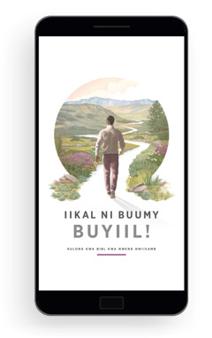 Iikal ni Buumy Buyiil!​—Kulong kwa Bibl Nwend Nwiisamb. A man starts to walk down a winding path surrounded by beautiful vegetation, hills, and mountains.