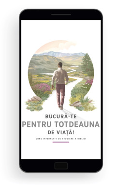 Bucură-te pentru totdeauna de viață! – Curs interactiv de studiere a Bibliei. Un bărbat pășește pe o potecă șerpuitoare, fiind înconjurat de un peisaj frumos cu vegetație, dealuri și munți.