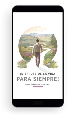 ¡Disfrute de la vida para siempre! Introducción a las enseñanzas de la Biblia. Un hombre comienza a andar por un camino serpenteante que pasa por campos llenos de flores, colinas y montañas.