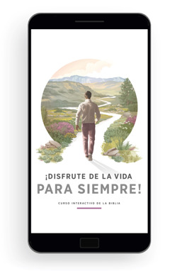 ¡Disfrute de la vida para siempre! Introducción a las enseñanzas de la Biblia. Un hombre comienza a andar por un camino serpenteante que pasa por campos llenos de flores, colinas y montañas.