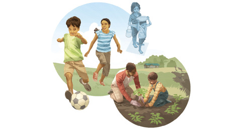 ילדים שסבלו מרעב ועבדו בעבודות כפייה כעת שותלים גינה ומשחקים כדורגל.‏