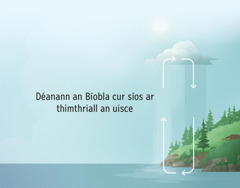 Déanann an Bíobla cur síos ar thimthriall an uisce. Tá saighead i gciorcal ag taispeáint an bealach a ngluaiseann an t-uisce idir an talamh agus an t-atmaisféar.