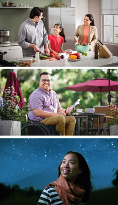 Collage: 1. A couple and their daughter enjoy preparing dinner together. 2. A smiling man in a wheelchair reads the Bible. 3. A woman gazes in wonder at the stars.