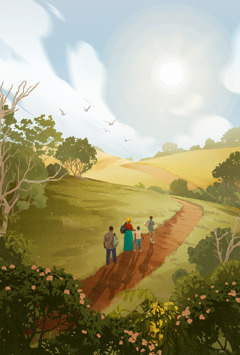 ڈرامہ ’‏اپنی راہ یہوواہ پر چھوڑ دیں‘‏ کا ایک سین۔ افریقہ میں ایک گھرانہ کچے راستے پر چل رہا ہے۔‏