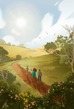 Сцена од библиската драма „Префрли му ги на Јехова своите грижи“. Едно семејство пешачи по правлив пат низ една пустина во Африка.