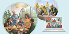 Collage: 1. Brothers and sisters enjoy a meal together. 2. Brothers and sisters work together on a construction site. 3. Brothers and sisters attend a congregation meeting via videoconferencing.