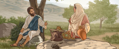 耶稣跟井旁的女人交谈。