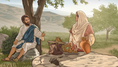 Есүс худгийн дэргэд нэг эмэгтэйтэй ярьж байна.