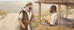 Felipe el evangelizador habla con un hombre etíope que está leyendo un rollo en su carro.