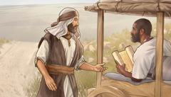 Felipe el evangelizador habla con un hombre etíope que está leyendo un rollo en su carro.