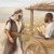 Филипп разговаривает с эфиопом, сидящим в колеснице со свитком в руках.