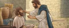 Jesus gently approaching a blind man in order to heal him.