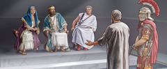 Die apostel Paulus is vasgemaak aan ’n wag en praat respekvol met koning Agrippa, goewerneur Festus en Bernice.