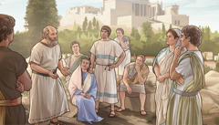 Yr apostol Paul yn rhesymu â phobl Athen.