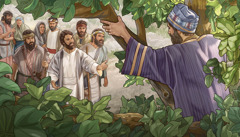Есүс модонд авирсан Закхайг дуудахад хүмүүс гайхан харж байна.