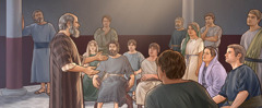The apostle Paul sharing the good news with a group of people in a school auditorium.