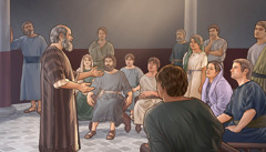 Apoštol Pavol hovorí o dobrej správe skupine ľudí v posluchárni školy