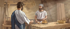 Jesús acostant-se al seu germà Jaume en la fusteria. Jaume se sorprén.