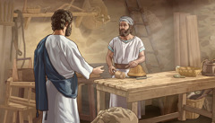 Jėzus aplanko savo brolį Jokūbą staliaus dirbtuvėse. Jokūbas nustebęs.
